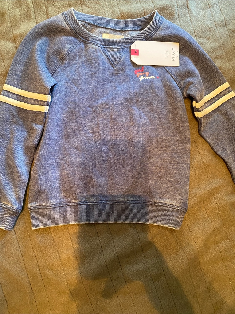 Roxy kids Blue Crewneck Sweater with white Sleeve Stripes